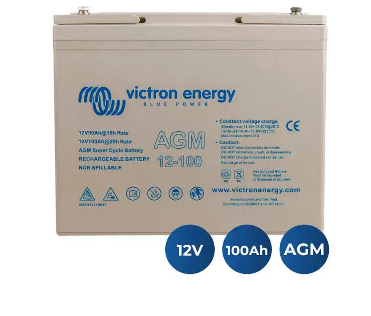 Batería Victron Energy AGM Super Cycle 12V 100Ah de ciclo profundo con iconos de especificaciones