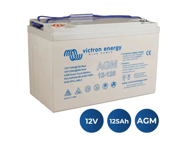Batería Victron Energy AGM Super Cycle 12V 125Ah de ciclo profundo con iconos de especificaciones