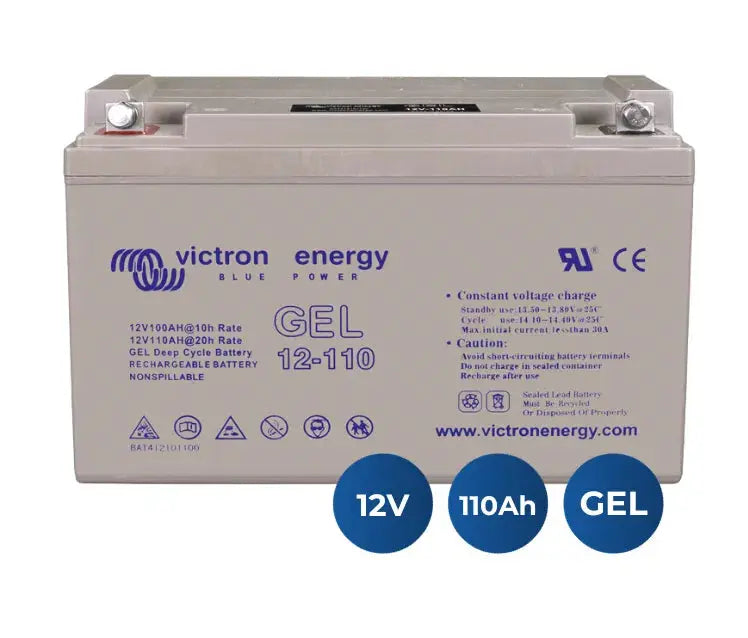 Batería Victron Energy de gel ciclo profundo 12V 110Ah con iconos de especificaciones