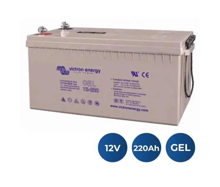 Batería Victron Energy de gel ciclo profundo 12V 220Ah con iconos de especificaciones