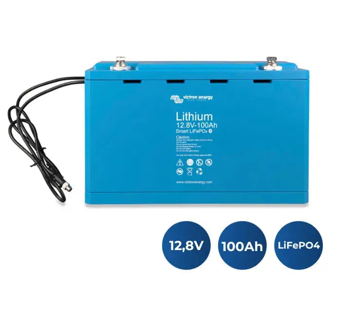 Batería Victron Energy LiFePO4 Smart 12,8V 100Ah con iconos de especificaciones