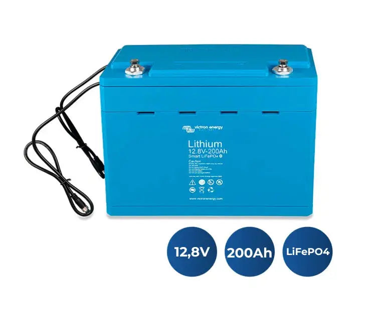 Batería Victron Energy LiFePO4 Smart 12,8V 200Ah con iconos de especificaciones