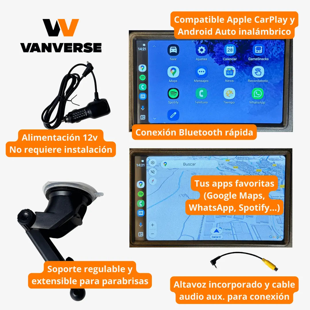Pantalla multimedia CarPlay y Android Auto con soporte para parabrisas, alimentación 12V y conexión Bluetooth