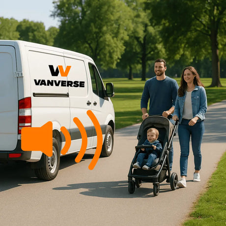 Ilustración del funcionamiento del avisador acústico de marcha atrás, ideal para zonas urbanas