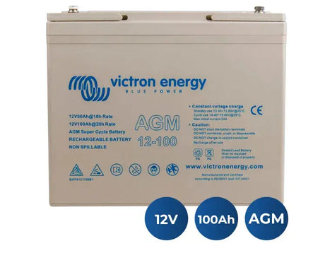 Batería Victron Energy AGM Super Cycle 12V 100Ah de ciclo profundo con iconos de especificaciones