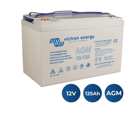 Batería Victron Energy AGM Super Cycle 12V 125Ah de ciclo profundo con iconos de especificaciones
