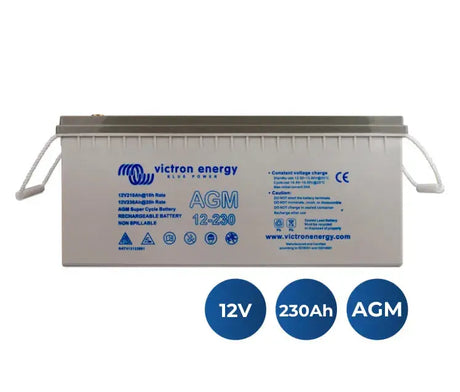 Batería Victron Energy AGM Super Cycle 12V 230Ah de ciclo profundo con iconos de especificaciones