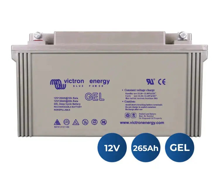 Batería Victron Energy de gel ciclo profundo 12V 265Ah con iconos de especificaciones