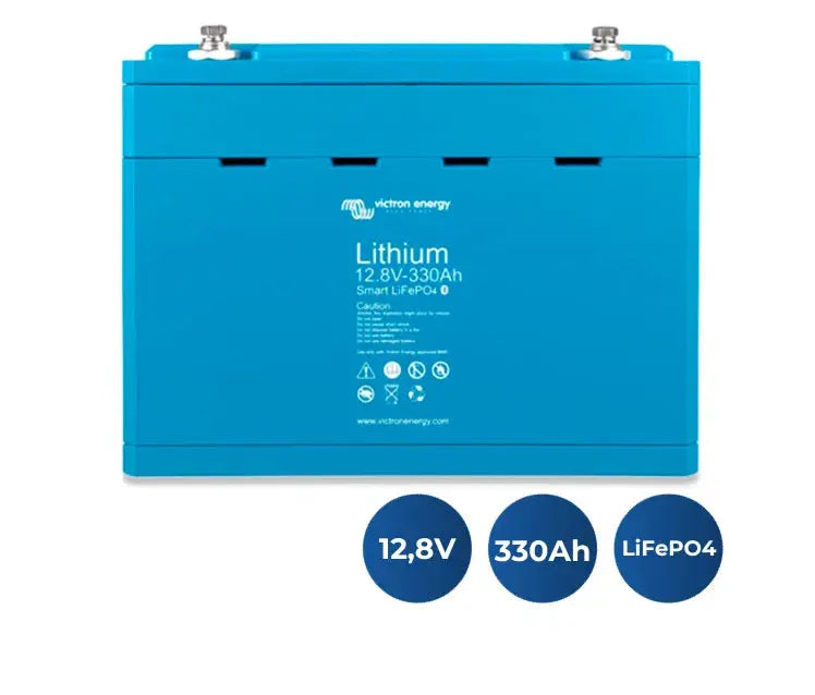 Batería Victron Energy LiFePO4 Smart 12,8V 330Ah con iconos de especificaciones