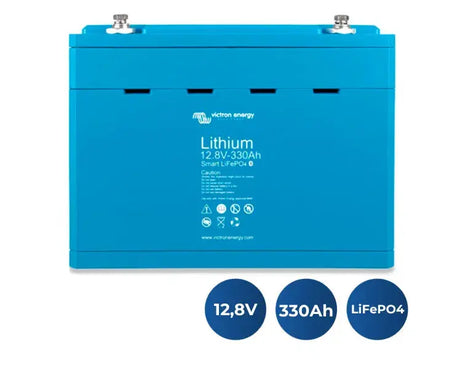 Batería Victron Energy LiFePO4 Smart 12,8V 330Ah con iconos de especificaciones