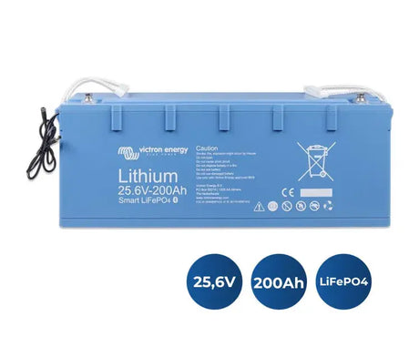 Batería Victron Energy LiFePO4 Smart 25,6V/200Ah con iconos de especificaciones
