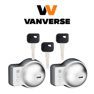 Detalle de la cerradura antirrobo Meroni UFO+ con sus 3 llaves reversibles