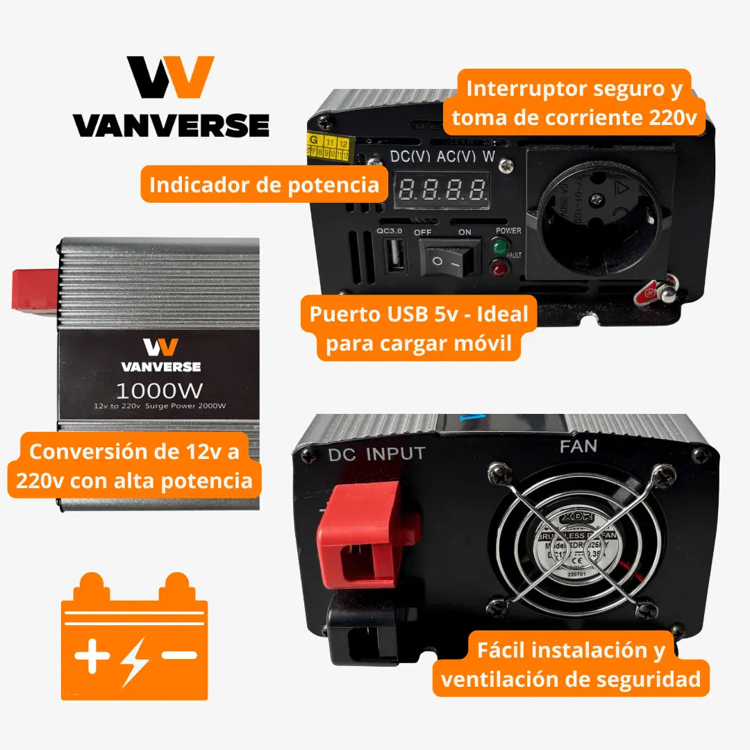 Inversor de onda senoidal pura 12V a 230V con interruptor, toma de corriente, puerto USB y ventilación integrada