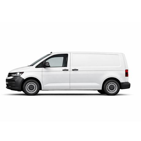 Vista latera de Volkswagen Transporter 2025 L1, colección de accesorios VanVerse para furgonetas.