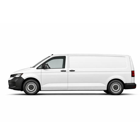 Vista latera de Volkswagen Transporter 2025 L2, colección de accesorios VanVerse para furgonetas.